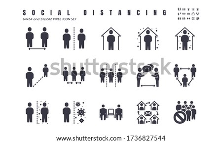 Simple Set of Social Distancing, Coronavirus Disease 2019 Covid-19 Solid Glyph Icons such Icons as Stay Home, Quarantine, Work from Home, Avoid Crowded Place. 64x64 and 512x512 Pixel Vector.