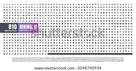 24x24 Pixel Perfect. Basic User Interface Essential Set. 810 Line Outline Icons. For App, Web, Print. Editable Stroke. 2 Pixel Stroke Wide with Round Cap and Round Corner.