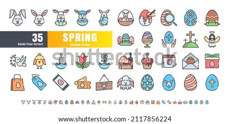 64x64 Pixel Perfect. Easter Day Set. Filled Color Line Outline Icons. For App, Web, Print. Ready to use and Easy to Customize. Editable Stroke.