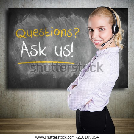 businesswoman with headset and a blackboard stating \