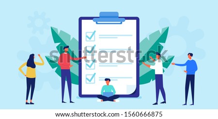 Successful execution of tasks from the to check list. clipboard with document. To do list concept. Completion tasks. Vector illustration flat design. people group full length team work