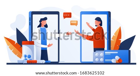 Woman patient talking with family doctor, gynecologist via mobile phone. Mobile web app for online consultation with therapist. Aids, tele medicine infographic. Online pharmacy order from drugstore.