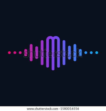letter M with Pulse music player element. Logo template electronic music, equalizer, store, dj, nightclub, disco. Audio wave logo concept, Multimedia Technology themed, Abstract Shape. - vector