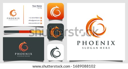 phoenix logo design. Fire bird phoenix logo design, falcon, eagle, hawk and wing vector icon. logo design, 3 favicons and business card Premium Vector.