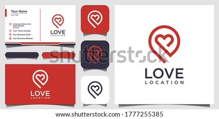 Creative love location logo with heart and map marker. Vector design template and business card design