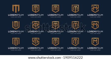 set of letter M monogram and shield sign combination. Line art logo design. Symbolizes reliability, safety, power, security. luxury logotype.