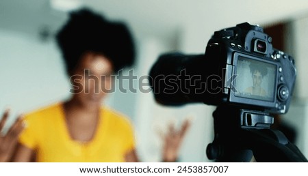 Similar – Image, Stock Photo Woman recording video blog with camera