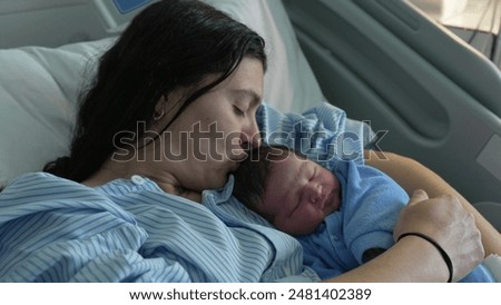 Similar – Image, Stock Photo Lovely baby infant being kissed by mom and dad at home.