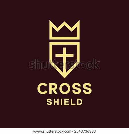 Monoline Crown Shield Cross Logo Symbol Design Vector Emblem