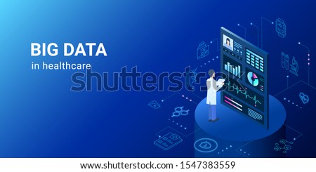 Dig data in healthcare - electronic medicine, doctor in medical center - Vector