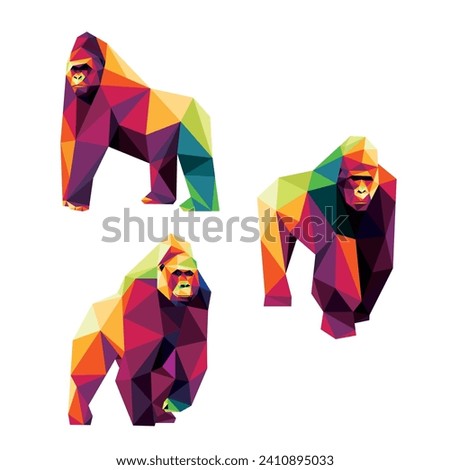 Gorilla Colorful Polygonal Low Poly Set. Collection of Angry Gorilla Colorful Logo Vector. Colorful Abstract Illustration of King Kong