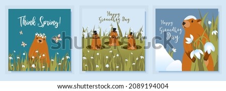 Happy groundhog day design with cute marmots. Marmot or beaver wild animal relax on nature vector illustration. Funny character. set of greeting cards. Vector illustration.