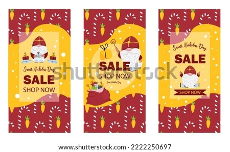 vertical sale poster for St. Nicholas Day. St. Nicholas Day discounts and promotions. Cute priest in a red miter.