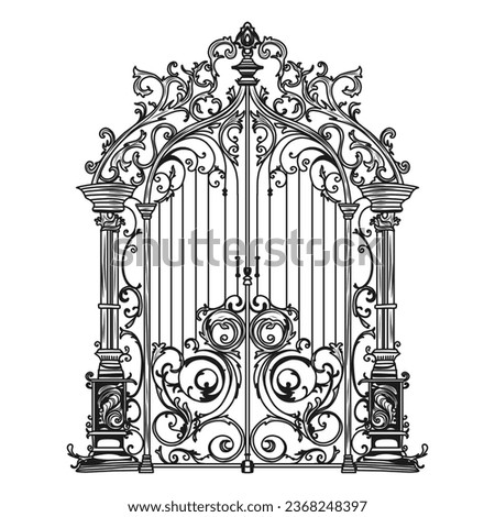 ANTIQUE METAL GATE. Black on white sketch of wrought iron bi-fold garden doors. Church gate with scrolls and leaves.