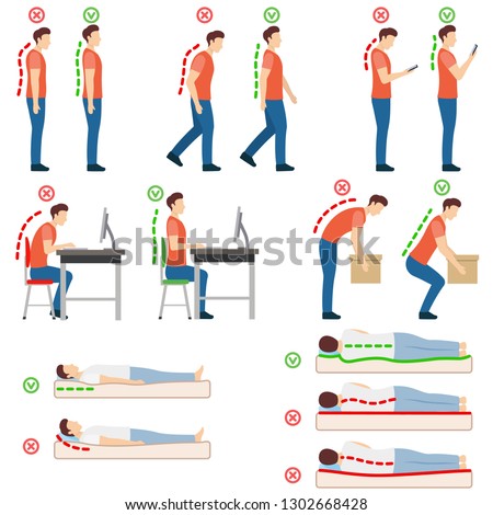 Good posture. Correct and incorrect human poses. Neutral spine. Man standing, walking, looking at a smartphone, sitting at a computer, lifting object, lying on back and on side. Vector illustration
