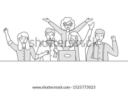 Business people celebrating. People at the table are happy and raise their hands up. linear vector illustration. Editable stroke