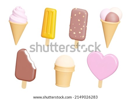 Ice cream set. Different types of ice cream in various shapes. three-dimensional icons. Isolated 3d object on a transparent background