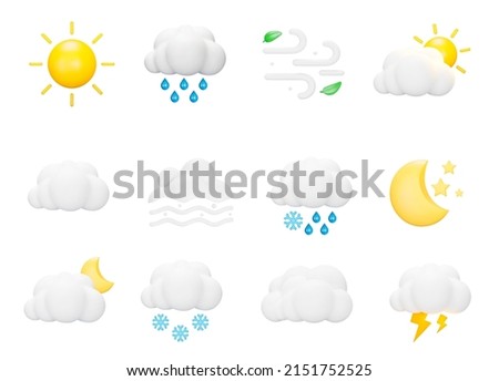 Weather icon set. Natural phenomena, precipitation, sun rain, snow, lightning, and others. Isolated 3d icons, objects on a transparent background
