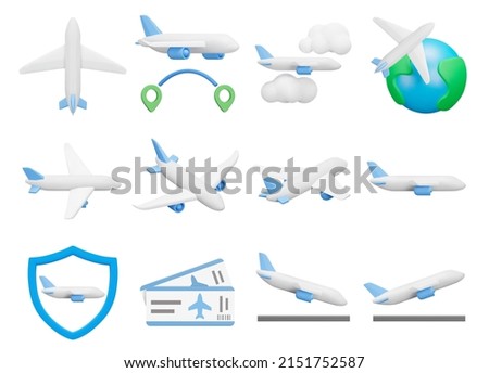 Planes icon set. Air travel, flying on a passenger plane. Isolated 3d icons, objects on a transparent background Сток-фото © 