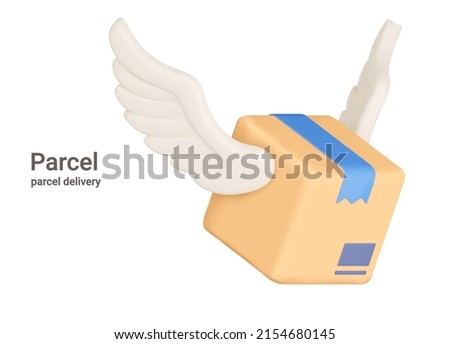 Parcel. Delivery box with wings. Isolated. Fast delivery of purchases, logistics service. 3d object on a transparent background