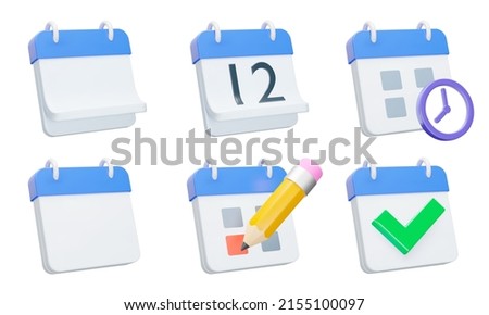 Calendar icon set. Calendars with a bent or straight page, date, time, highlight important date, check mark. Isolated 3d icons, objects on a transparent background Stock foto © 