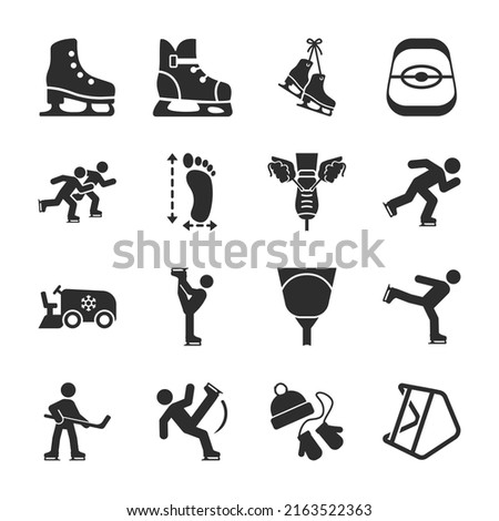 Ice skating icons set. Everything you need for skating, different skates, lacing, sharpening, equipment. Monochrome black and white icon.