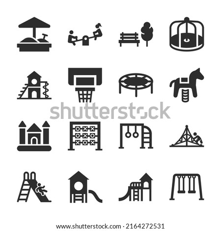 Playground icons set. Jungle gym. Children's amusement park, a place for children and parents to leisure. Slide, sandpit, merry-go-round, seesaw. Monochrome black and white icon.