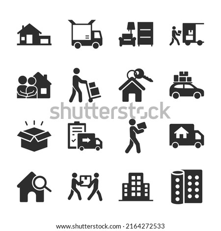 Moving, relocation icons set. Leaving home for another place to live. Loading and unloading of furniture, truck and movers. Accommodation search. Monochrome black and white icon.