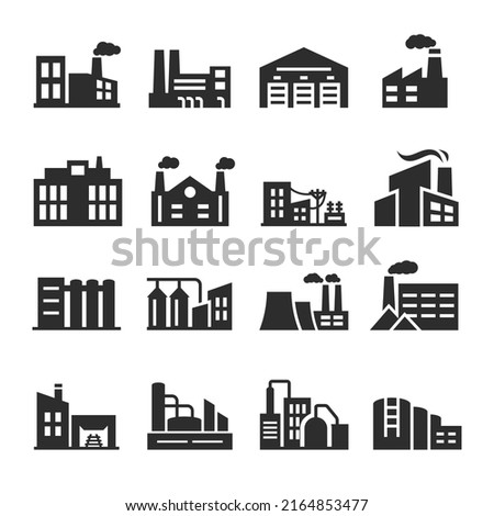 Industrial buildings icons set. A structure for production, storage and processing. Pipe and smoke. Monochrome black and white icon.