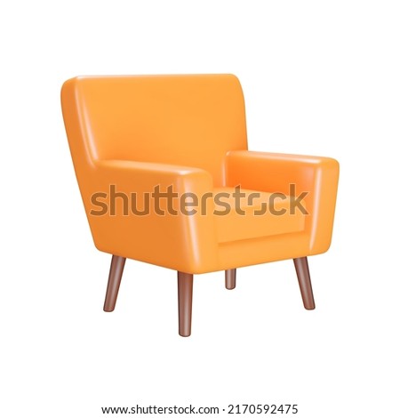 Armchair 3d icon. Orange chair with wooden legs. Isolated object on a transparent background
