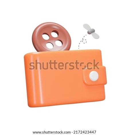 Empty wallet 3d icon. A button and a moth. Poverty. Isolated object on a transparent background