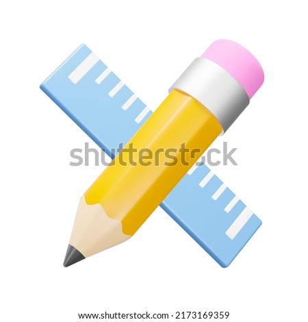 Drawing, Blueprinting 3d icon. Pencil and ruler. Isolated object on a transparent background