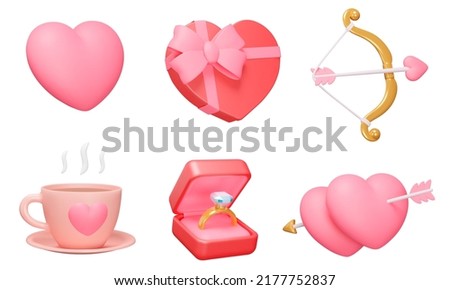 Love 3d icon set. Valentine's Day, Romance. Romantic date and marriage proposal. Hearts, Gifts. Isolated icons, objects on a transparent background