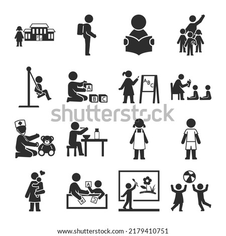 Kindergarten, elementary school, people icons set. Children learn and have fun in the educational institution. Activities for children. Vector black and white icon, isolated illustration