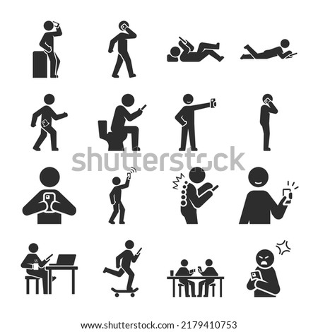 Use a smartphone, using phone, people icons set. Talking, playing games on mobile phones, different postures.. Vector black and white icon, isolated illustration
