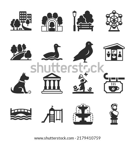Park icons set. City recreation park. Entertainment for families. Open urban space with greenery. Attractions, paths, gardens, etc. isolated vector illustration