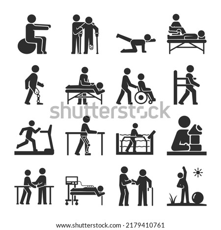 Rehabilitation, physiotherapy, people icons set. Restoring the body after an injury. People do exercises and physical therapy procedures. Treatment at the clinic.