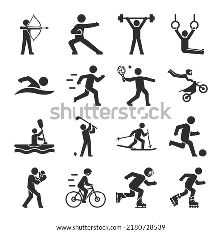 Sports, people icons set. People play a variety of sports. Active lifestyles, physical activities. Vector black and white icon