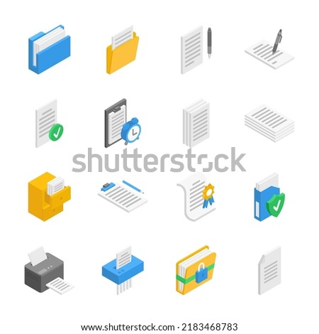Document isometric icons set. Documentation. sheets of text. Paperwork. Document and file management. Work with text. Objects collection.. Vector illustration