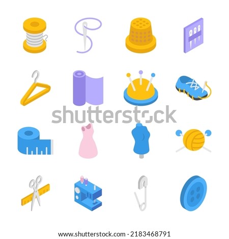 Sewing isometric icons set. Equipment for sewing, knitting, stitching, hemming. Fabrics, materials. Needlework. Objects collection. Vector illustration