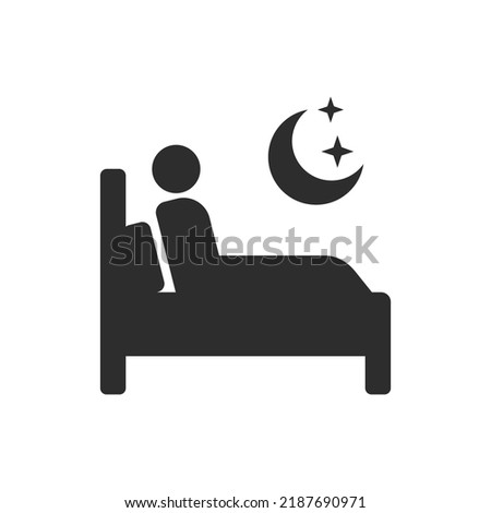 Insomnia icon. Person sits in bed at night. Monochrome black and white symbol. Vector illustration
