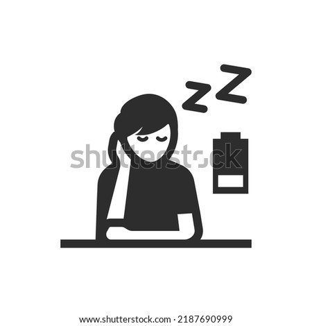 Fatigue icon. Man falls asleep sitting down. Low battery power. Black and white symbol. Vector illustration