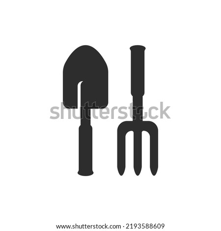 Spatula and small rake icon. Equipment for the garden. Monochrome black and white symbol