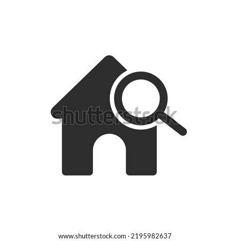House and a magnifying glass icon. Monochrome black and white symbol