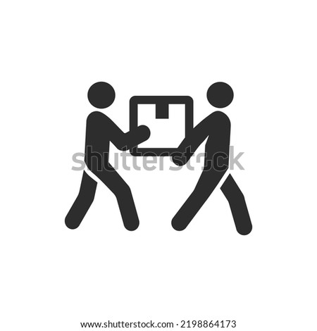 Movers icon. Two people carrying a large box. Monochrome black and white symbol
