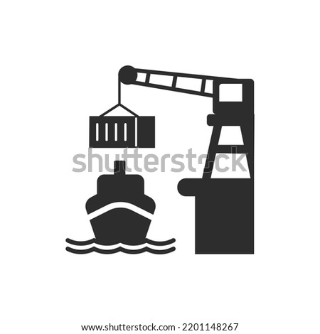Cargo Seaport icon. Loading cargo on a cargo ship. Monochrome black and white symbol