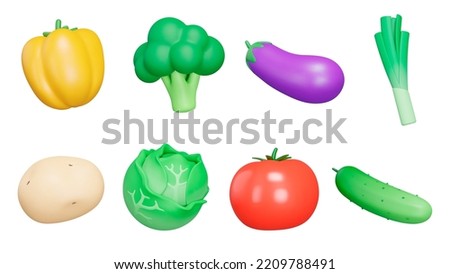 Vegetables 3d icon set. Bell pepper, broccoli, eggplant, leeks, potatoes, cabbage, tomato, cucumber. Isolated icons, objects on a transparent background