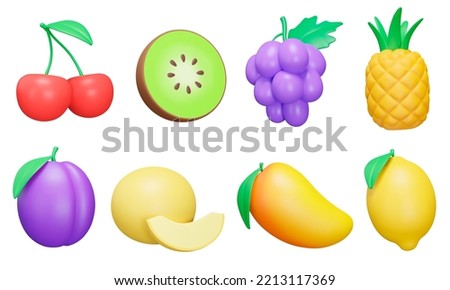 Fruit 3d icon set. Cherry, kiwi, grape, pineapple, plum, melon, mango, lemon. Various fruits. Isolated icons, objects on a transparent background