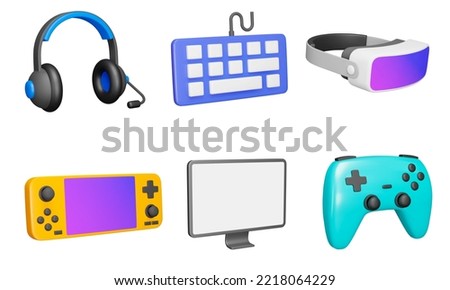 Gaming 3d icon set. Gaming and multimedia. Game console and accessories. Headphones, keyboard, vr glasses, console, monitor, gamepad. Isolated icons, objects on a transparent background