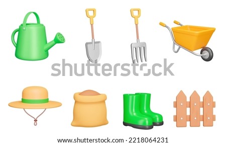 Gardening 3d icon set. Tools, equipment for garden and vegetable garden care. Spout, shovel, pitchfork, wheelbarrow, hat, bag, boots, fence. Isolated icons, objects on transparent background